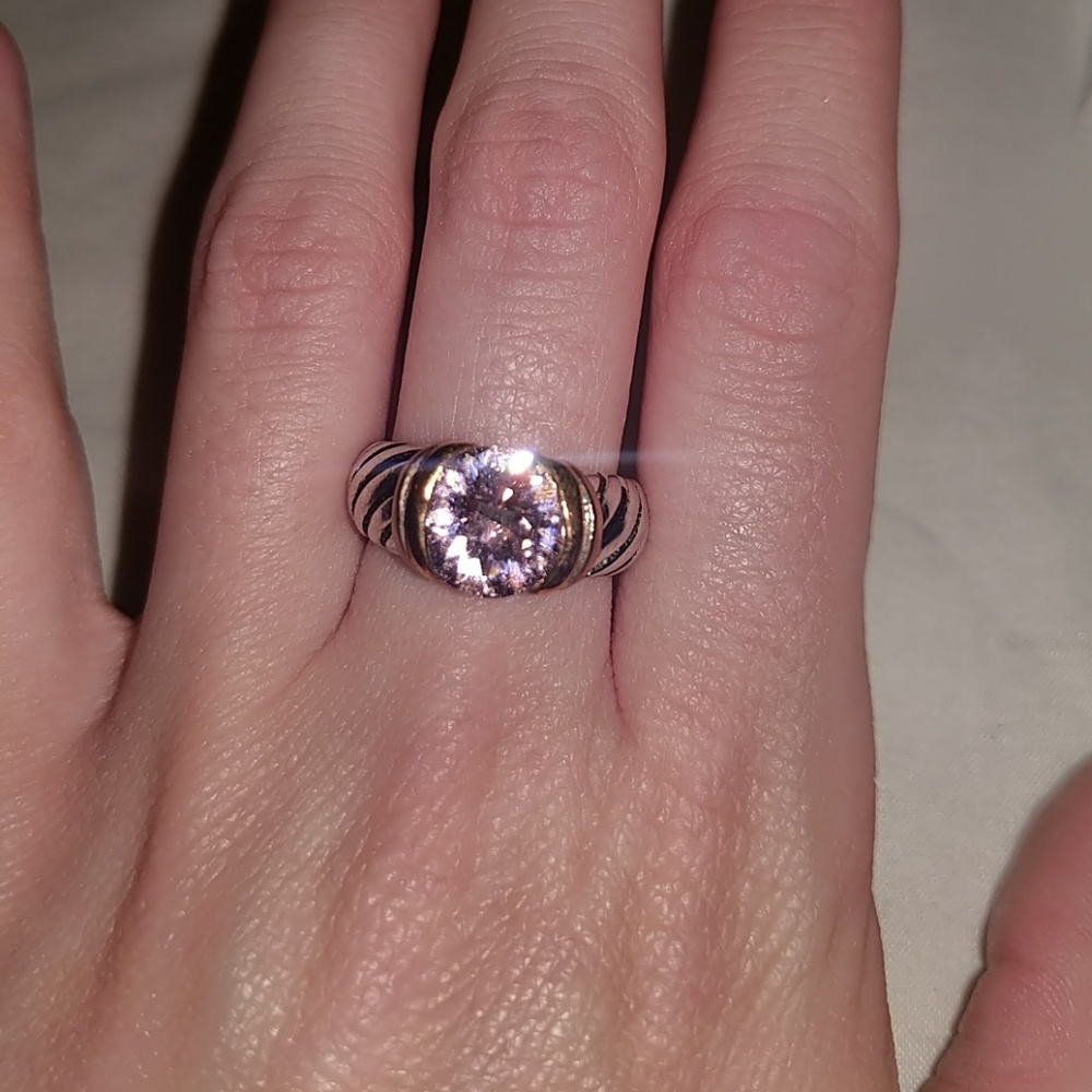 Cocktail ring- pink stone, silver swirl band